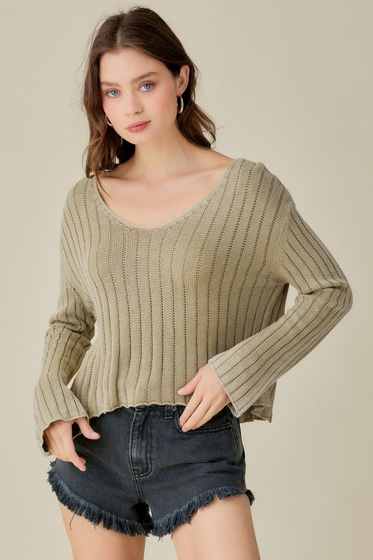 V-Neck Washed Crop Sweater Mustard Seed